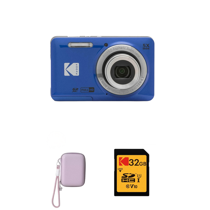 KODAK PIXPRO FZ55 Digital Camera, Blue, Purple Strap Carry Case, 32GB SD Card Bundle