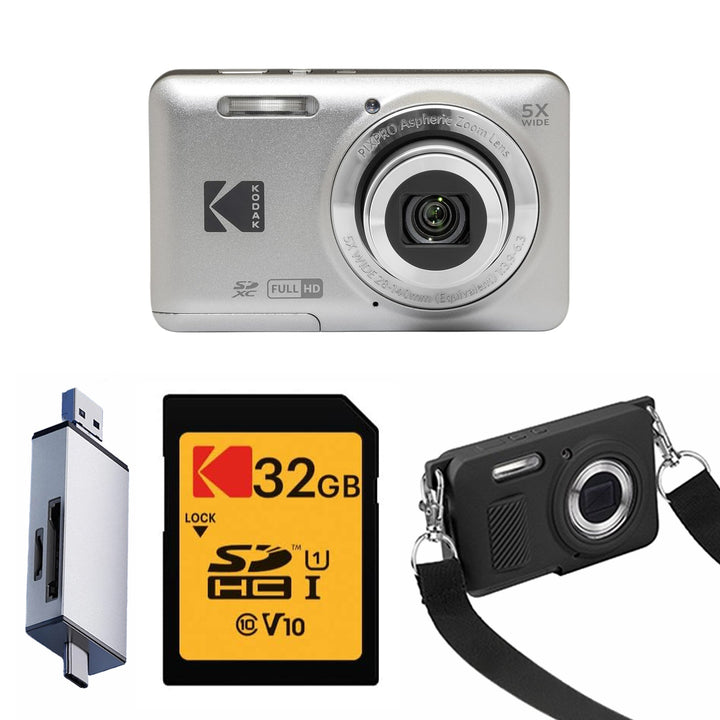 KODAK PIXPRO FZ55 Digital Camera, Silver, 32GB SD Card, Silver Card Reader, Black Strap Silicone Case Bundle