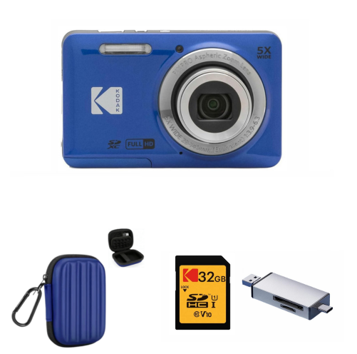 KODAK PIXPRO FZ55 Digital Camera, Blue, Blue Carry Case, 32GB SD Card, Silver Card Reader Bundle