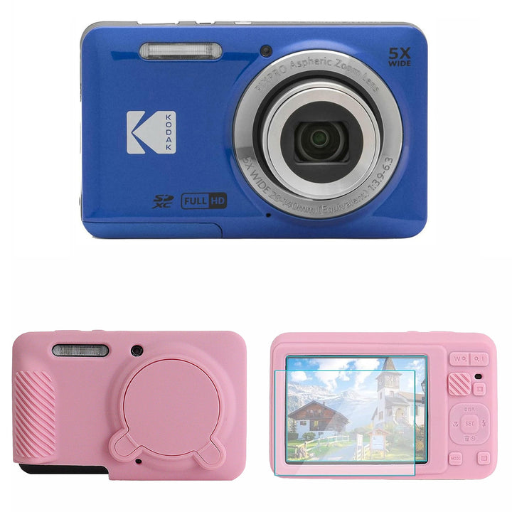 KODAK PIXPRO FZ55 Digital Camera, Blue, Pink Cat Silicone Case Bundle