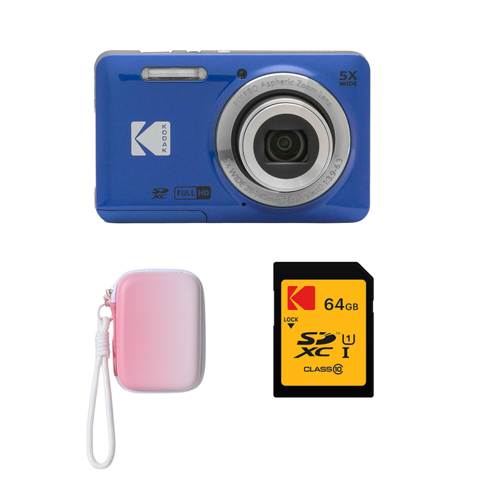 KODAK PIXPRO FZ55 Digital Camera, Blue, Gradient Pink Strap Carry Case, 64GB SD Card Bundle - image 1