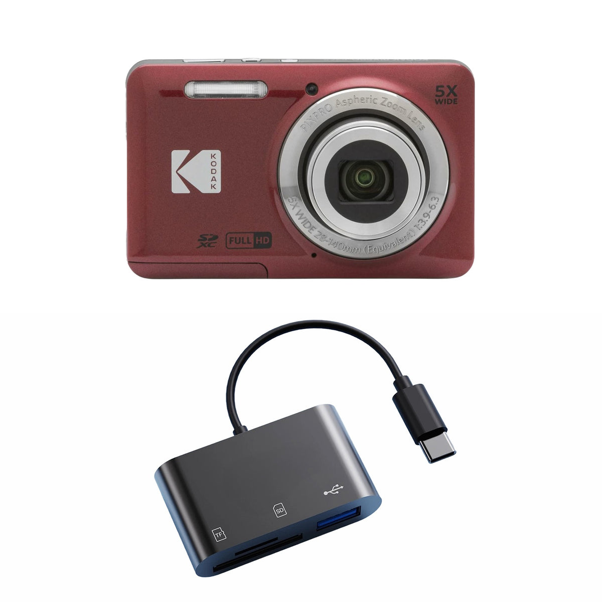 KODAK PIXPRO FZ55 Digital Camera, Red, Black Card Reader Bundle — image 1