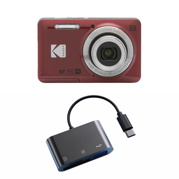 KODAK PIXPRO FZ55 Digital Camera, Red, Black Card Reader Bundle