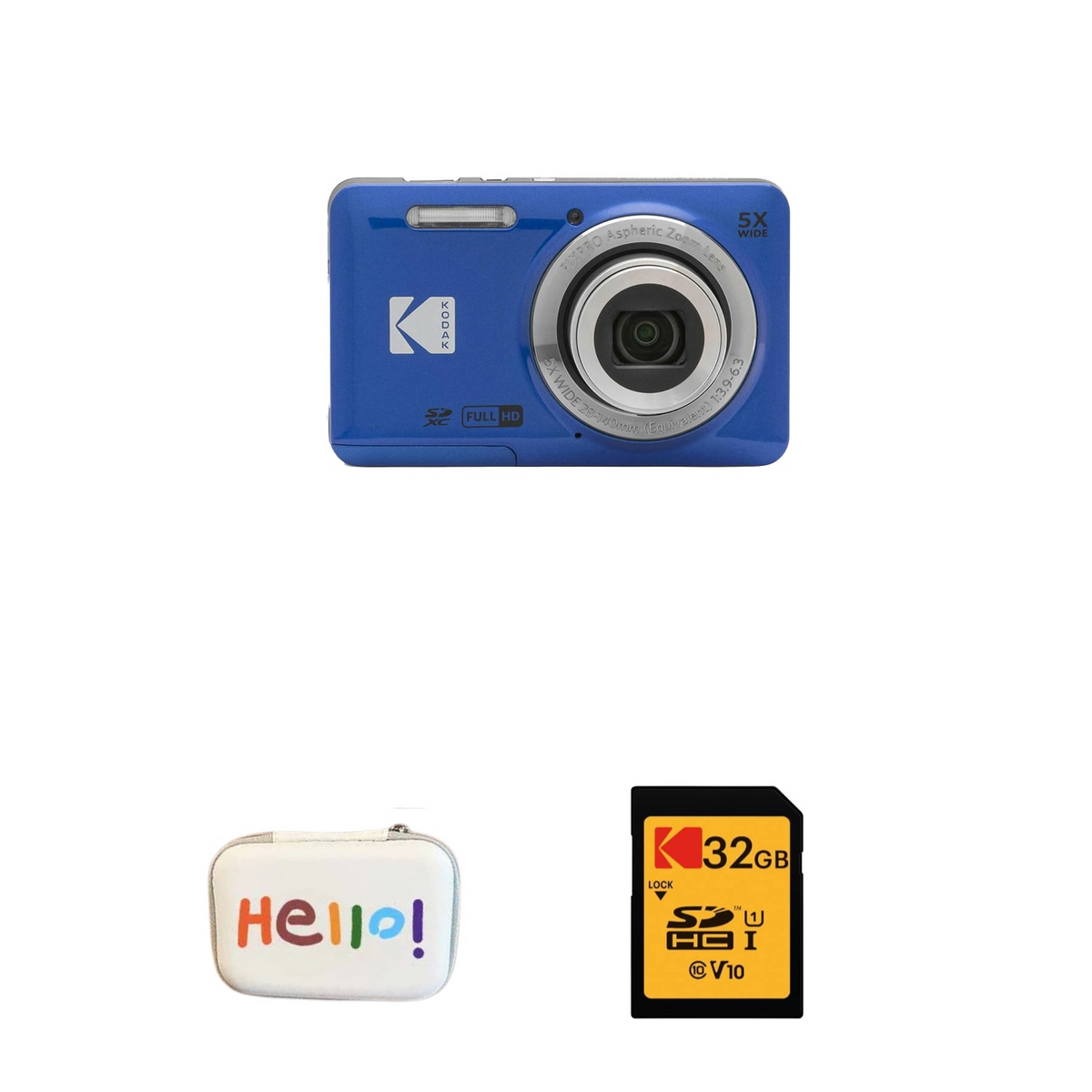 KODAK PIXPRO FZ55 Digital Camera, Blue, Hello White Carry Case, 32GB SD Card Bundle — image 1