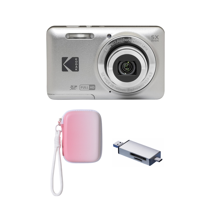 KODAK PIXPRO FZ55 Digital Camera, Silver, Gradient Pink Strap Carry Case, Silver Card Reader Bundle - image 1