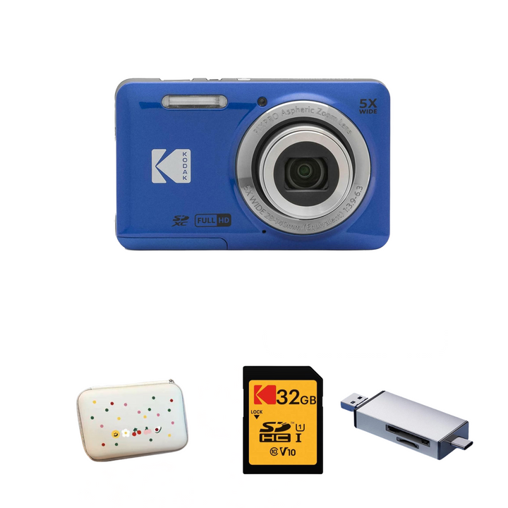 KODAK PIXPRO FZ55 Digital Camera, Blue, Speckled White Carry Case, 32GB SD Card, Silver Card Reader Bundle
