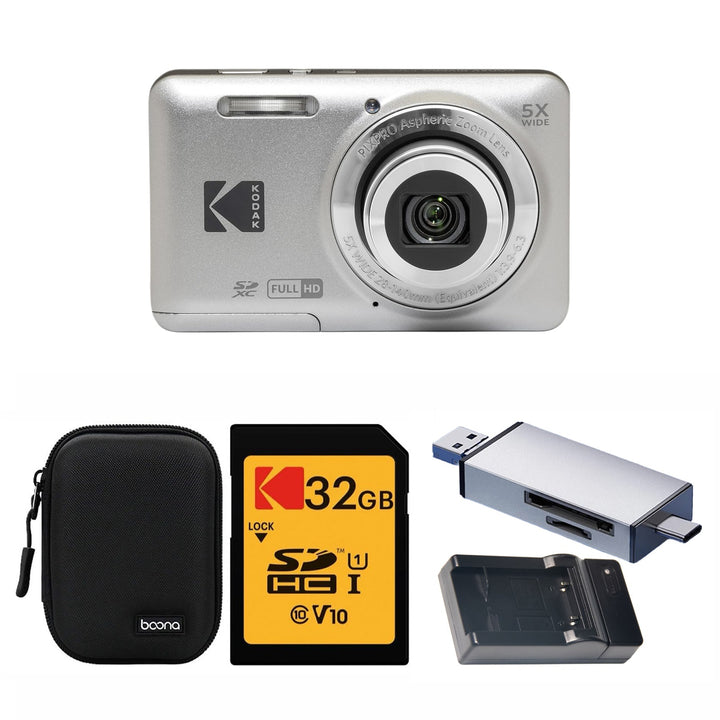 KODAK PIXPRO FZ55 Digital Camera, Silver, Black Carry Case, 32GB SD Card, Silver Card Reader, Charging Cradle Bundle