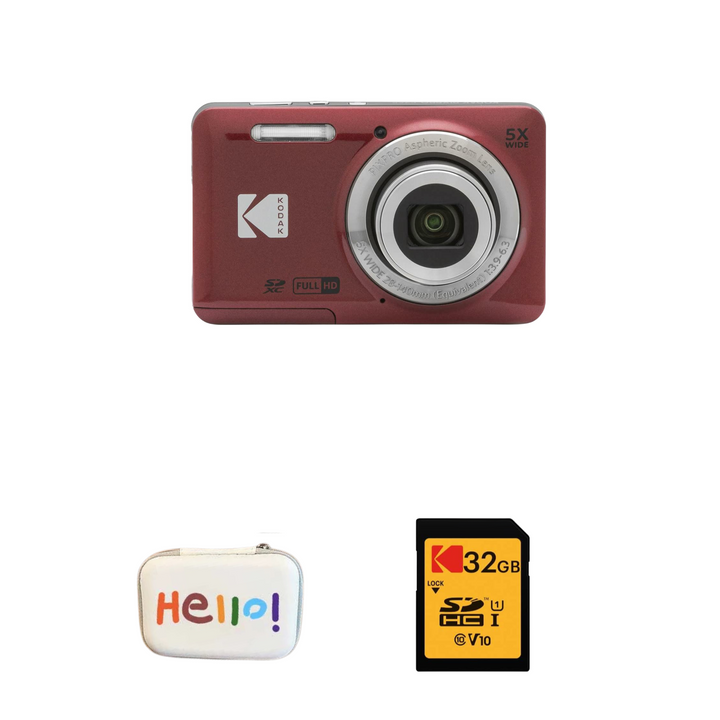 KODAK PIXPRO FZ55 Digital Camera, Red, Hello White Carry Case, 32GB SD Card Bundle