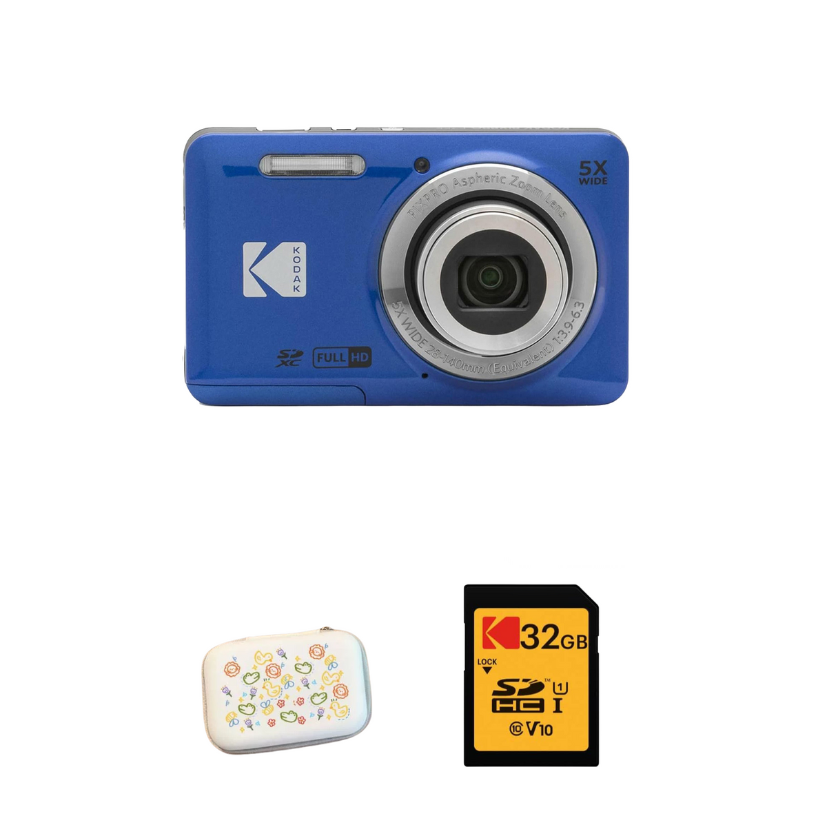 KODAK PIXPRO FZ55 Digital Camera, Blue, Speckled White Carry Case, 32GB SD Card Bundle — image 1