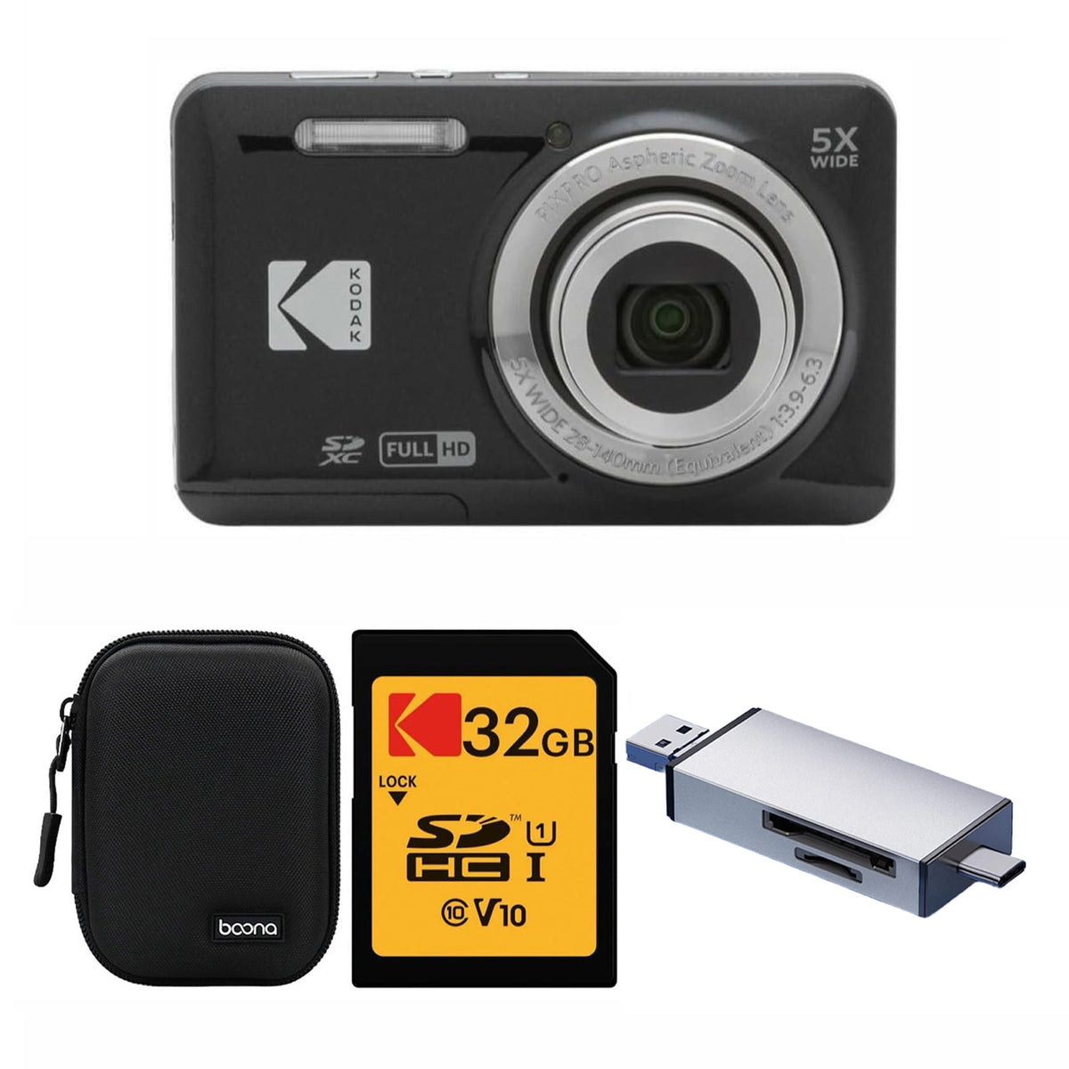 KODAK PIXPRO FZ55 Digital Camera, Black, Black Carry Case, 32GB SD Card, Silver Card Reader, Solid Style Bundle — image 1