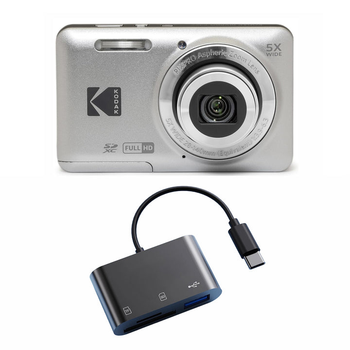 KODAK PIXPRO FZ55 Digital Camera, Silver, Black Card Reader Bundle