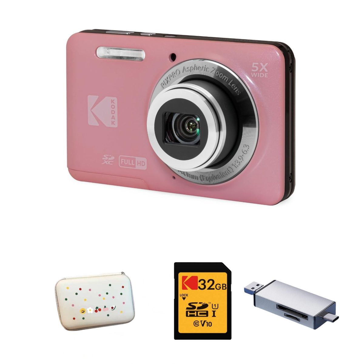 KODAK PIXPRO FZ55 Digital Camera, Pink, Speckled White Carry Case, 32GB SD Card, Silver Card Reader Bundle — image 1