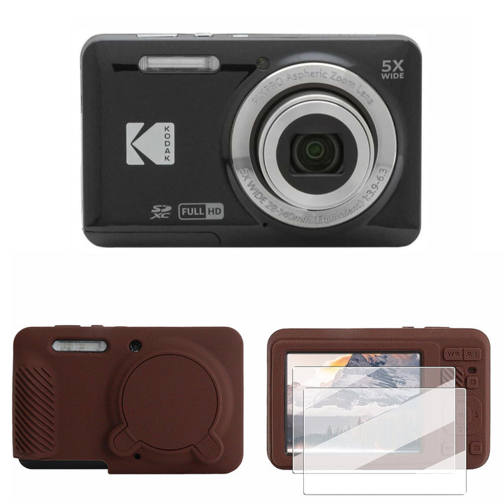 KODAK PIXPRO FZ55 Digital Camera, Black, Brown Cat Silicone Case Bundle