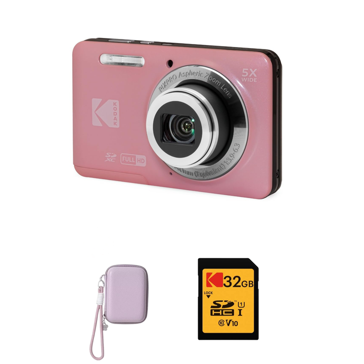 KODAK PIXPRO FZ55 Digital Camera, Pink, Purple Strap Carry Case, 32GB SD Card Bundle