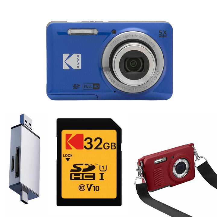 KODAK PIXPRO FZ55 Digital Camera, Blue, 32GB SD Card, Silver Card Reader, Red Strap Silicone Case Bundle