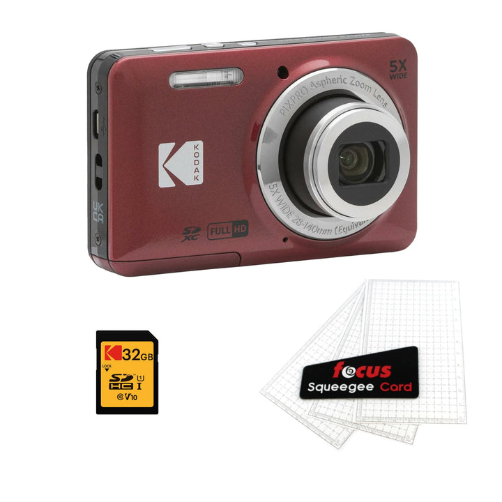 KODAK PIXPRO FZ55 Digital Camera, Red, 32GB SD Card, Cleaning Card Bundle