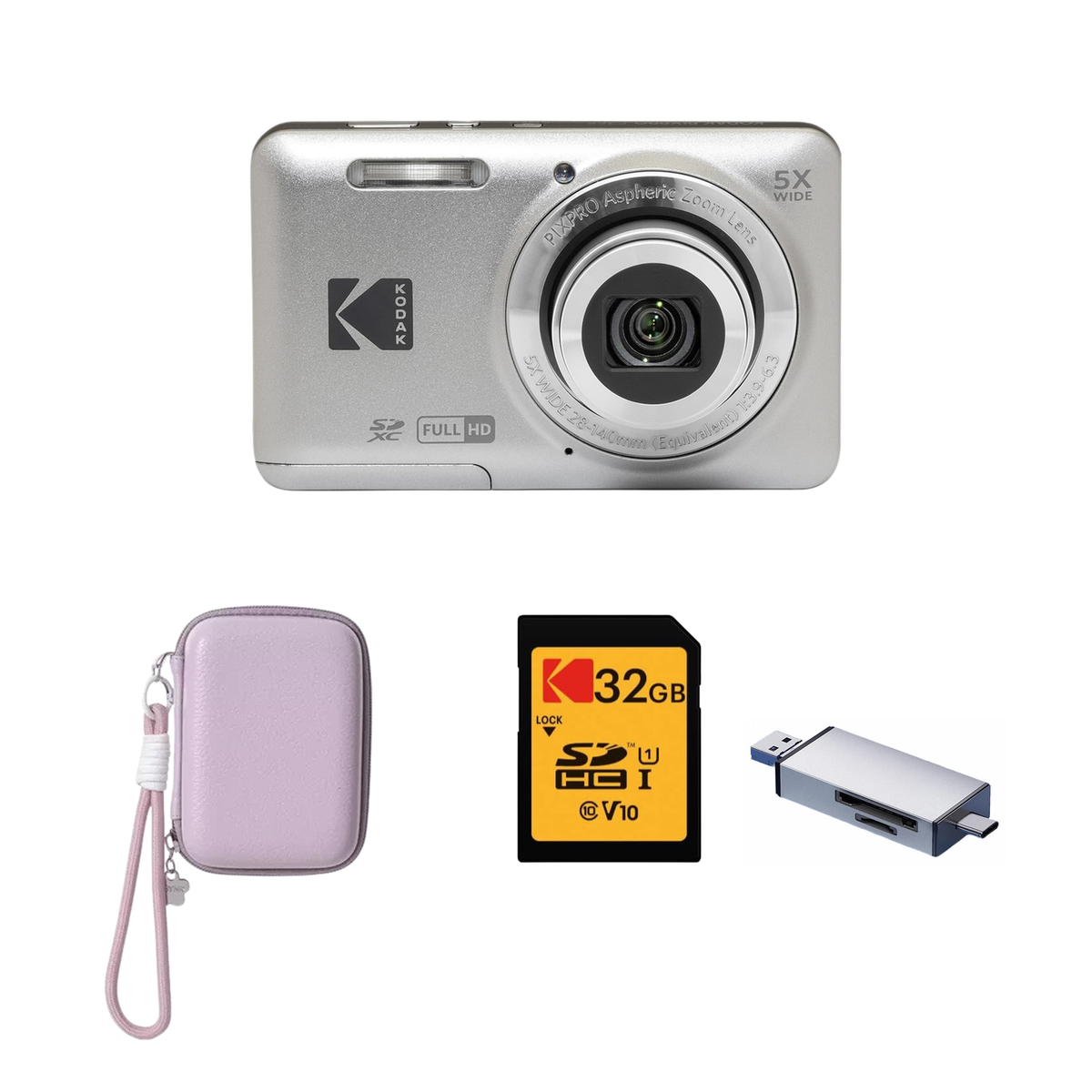 KODAK PIXPRO FZ55 Digital Camera, Silver, Lilac Strap Carry Case, 32GB SD Card, Silver Card Reader Bundle - image 1
