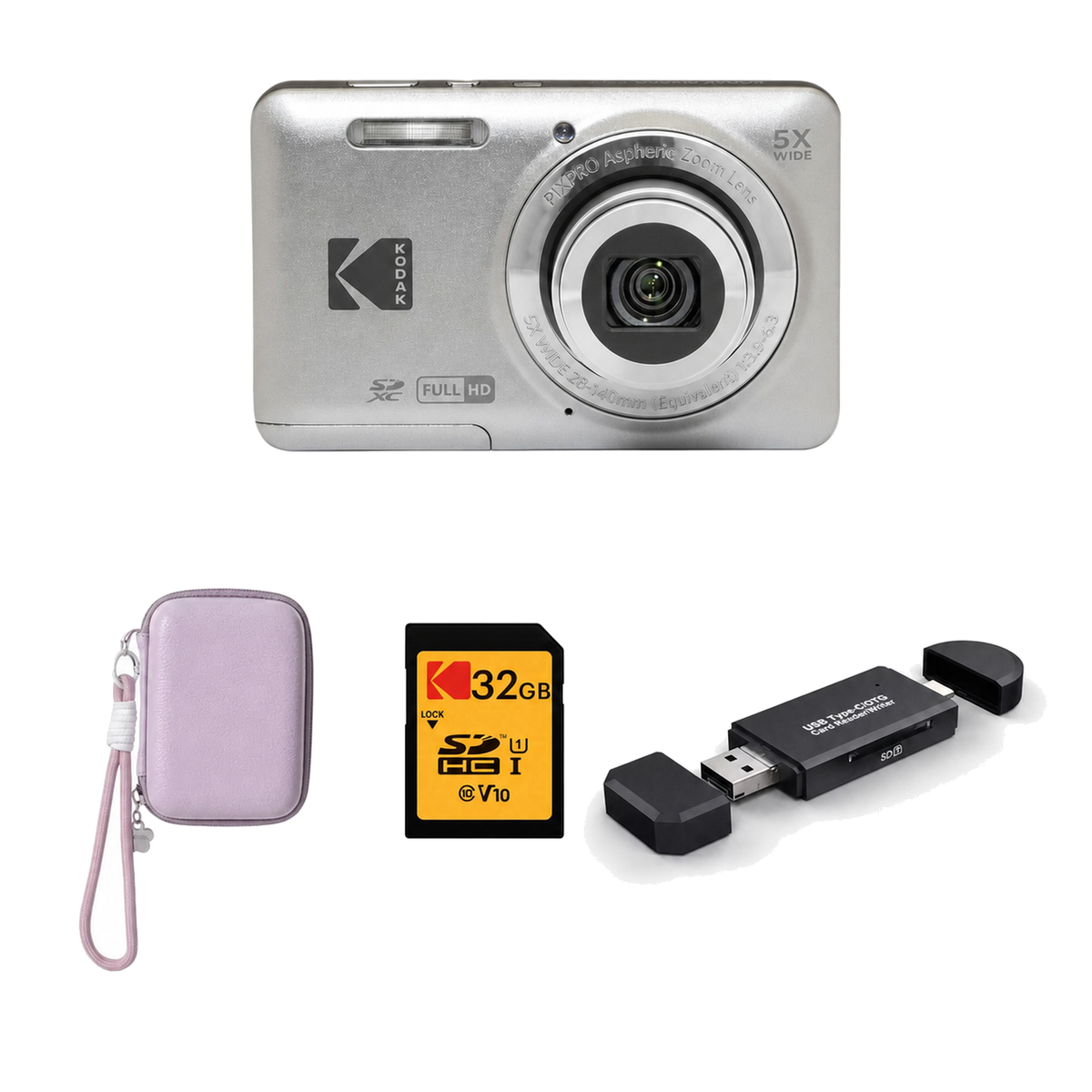 KODAK PIXPRO FZ55 Digital Camera, Silver, Lilac Strap Carry Case, 32GB SD Card, 3-in-1 Card Reader Bundle - image 1