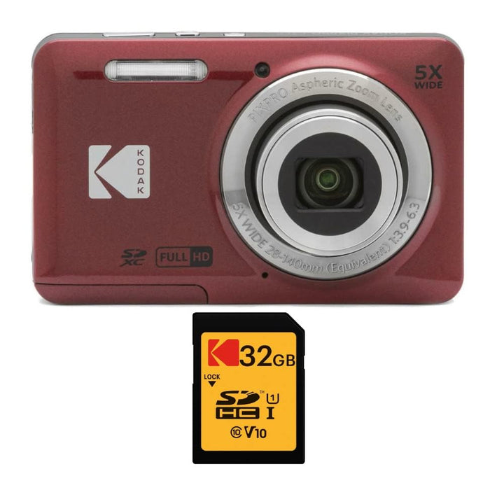KODAK PIXPRO FZ55 Digital Camera, Red, 32GB SD Card Bundle