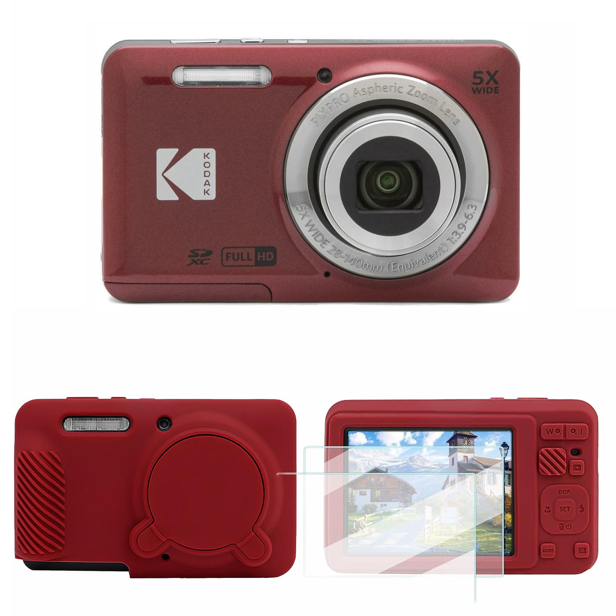 KODAK PIXPRO FZ55 Digital Camera, Red, Red Cat Silicone Case Bundle — image 1