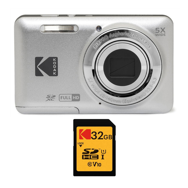 KODAK PIXPRO FZ55 Digital Camera, Silver, 32GB SD Card Bundle