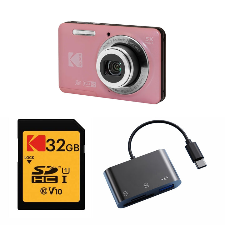 KODAK PIXPRO FZ55 Digital Camera, Pink, 32GB SD Card, Black Card Reader Bundle
