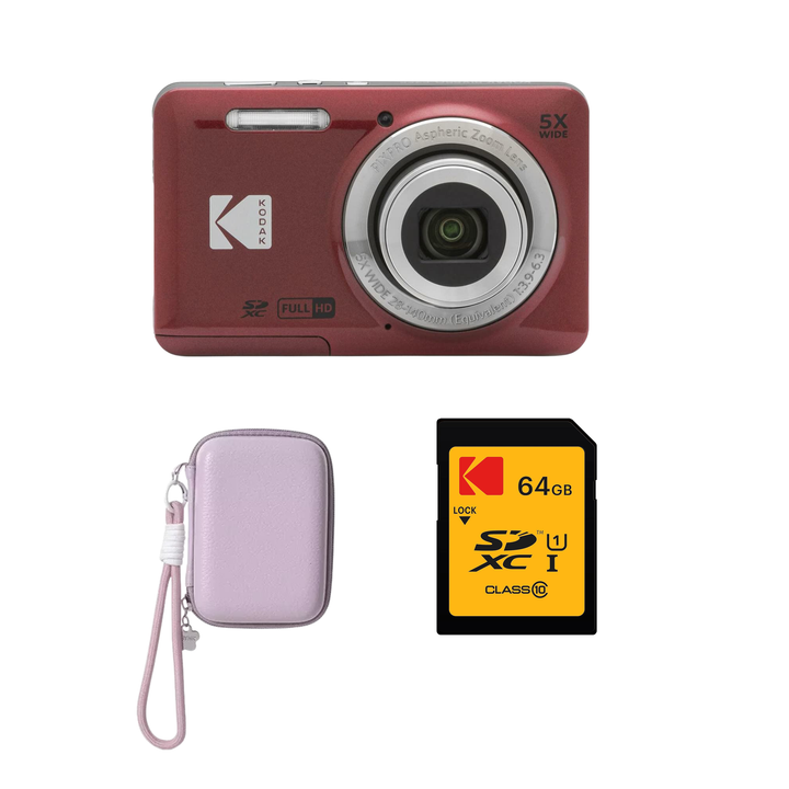 KODAK PIXPRO FZ55 Digital Camera, Red, Lilac Strap Carry Case, 64GB SD Card Bundle - image 1