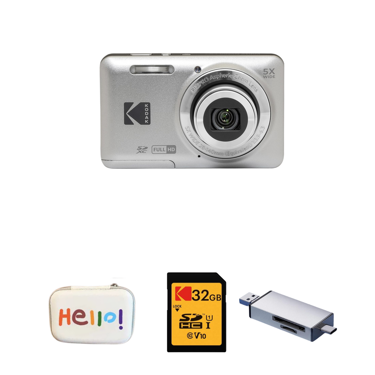 KODAK PIXPRO FZ55 Digital Camera, Silver, Hello White Carry Case, 32GB SD Card, Silver Card Reader Bundle — image 1