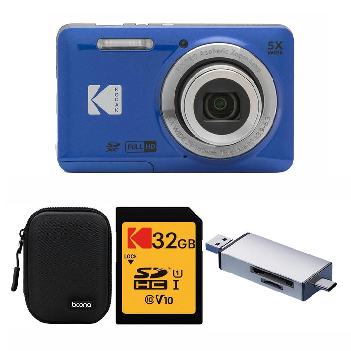 KODAK PIXPRO FZ55 Digital Camera, Blue, Black Carry Case, 32GB SD Card, Silver Card Reader, Solid Style Bundle