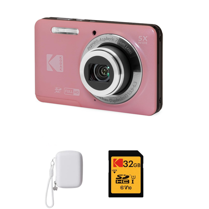 KODAK PIXPRO FZ55 Digital Camera, Pink, White Strap Carry Case, 32GB SD Card Bundle