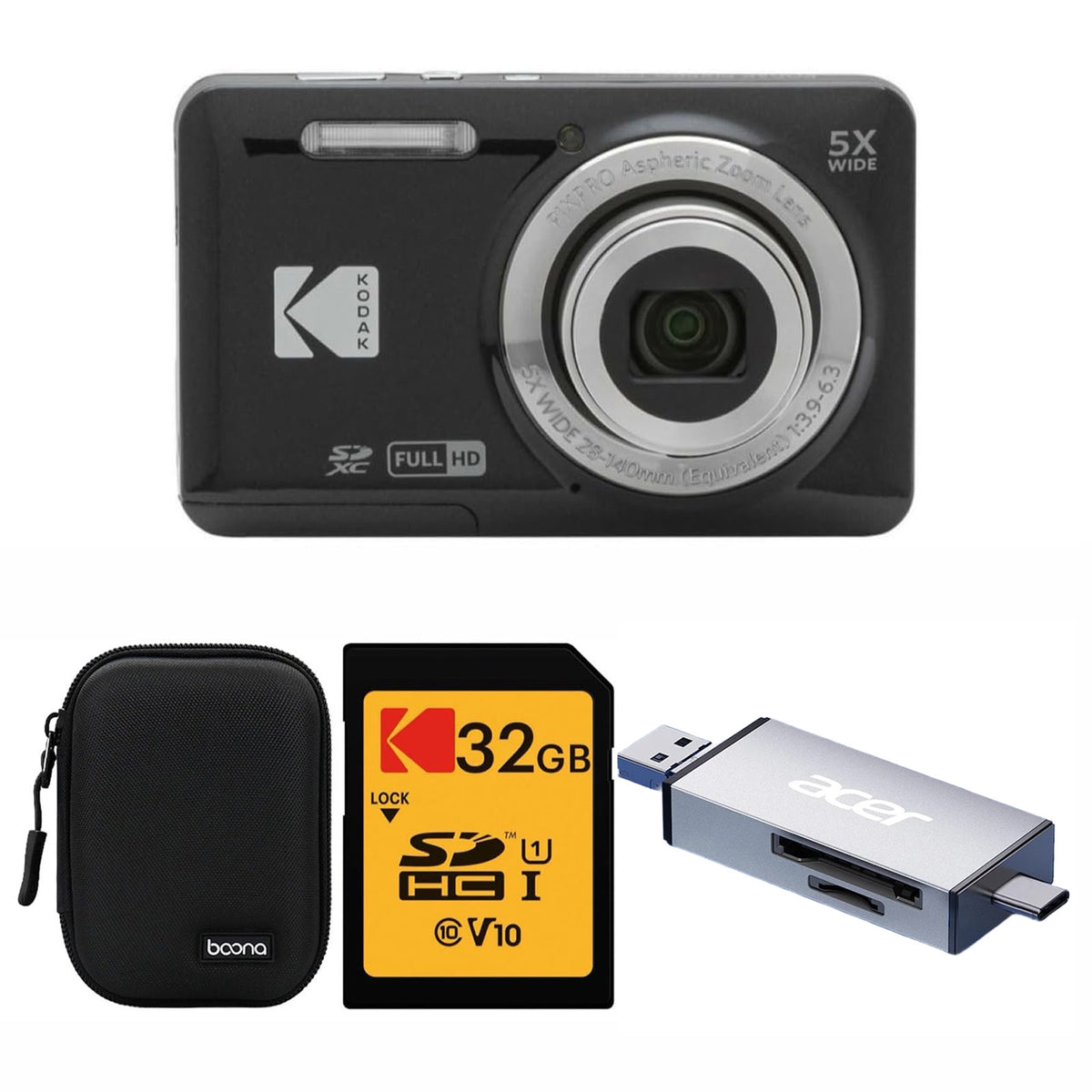 KODAK PIXPRO FZ55 Digital Camera, Black, Black Carry Case, 32GB SD Card, Silver Card Reader, Ace Style Bundle — image 1
