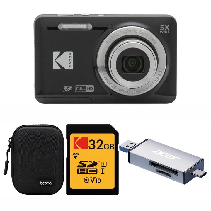 KODAK PIXPRO FZ55 Digital Camera, Black, Black Carry Case, 32GB SD Card, Silver Card Reader, Ace Style Bundle