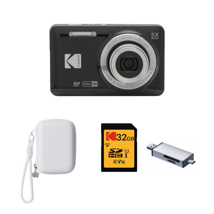 KODAK PIXPRO FZ55 Digital Camera, Black, Ivory Strap Carry Case, 32GB SD Card, Silver Card Reader Bundle - image 1