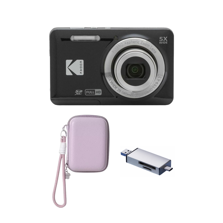 KODAK PIXPRO FZ55 Digital Camera, Black, Lilac Strap Carry Case, Silver Card Reader Bundle - image 1