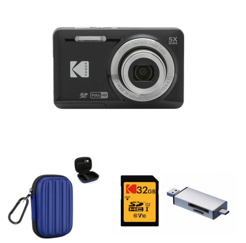 KODAK PIXPRO FZ55 Digital Camera, Black, Blue Carry Case, 32GB SD Card, Silver Card Reader Bundle