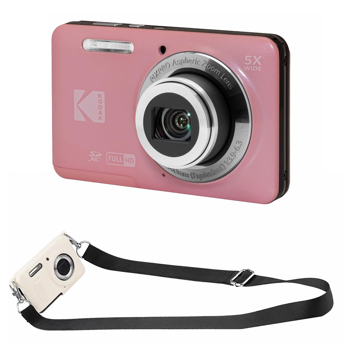 KODAK PIXPRO FZ55 Digital Camera, Pink, White Strap Silicone Case Bundle — image 1