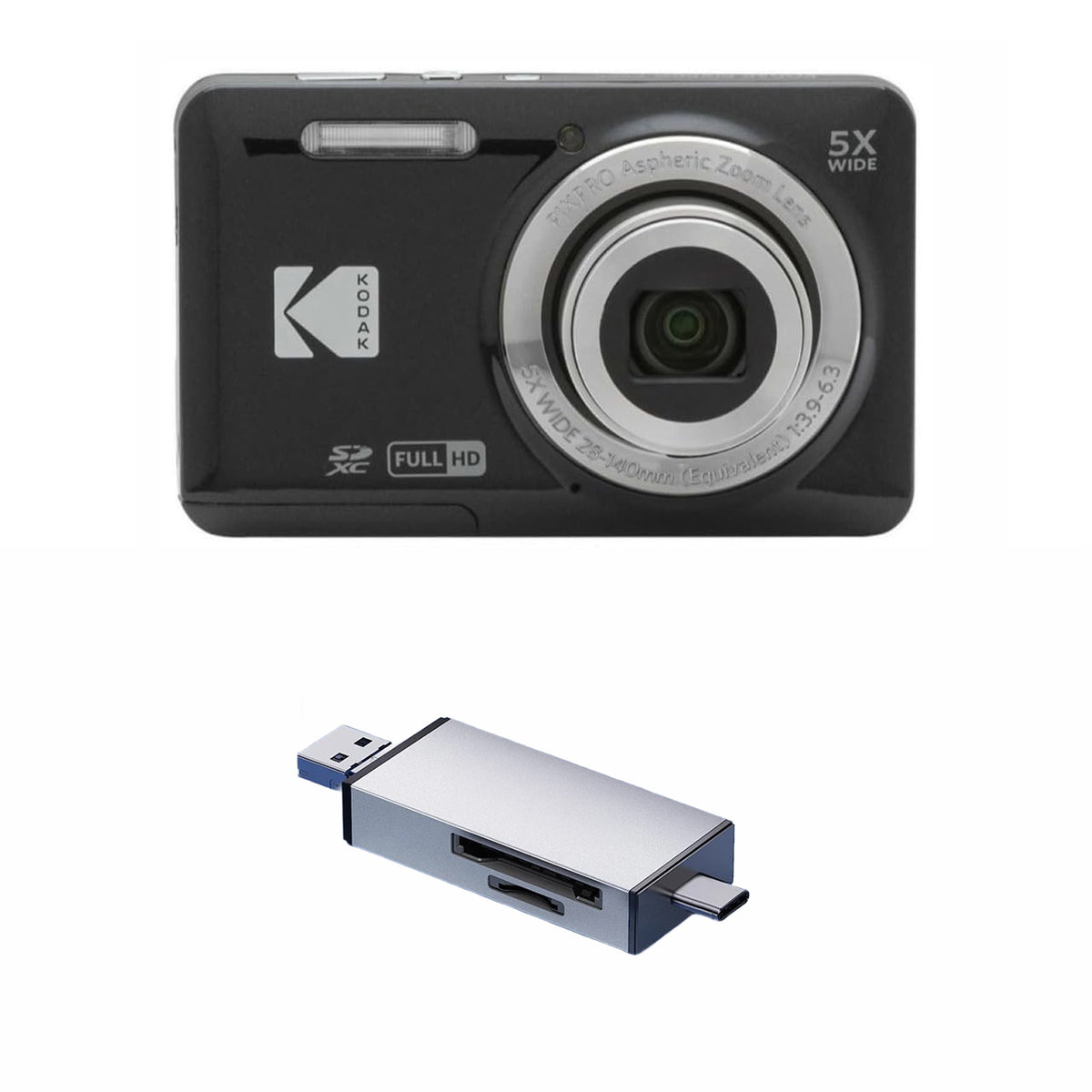 KODAK PIXPRO FZ55 Digital Camera, Black, Silver Card Reader Bundle — image 1