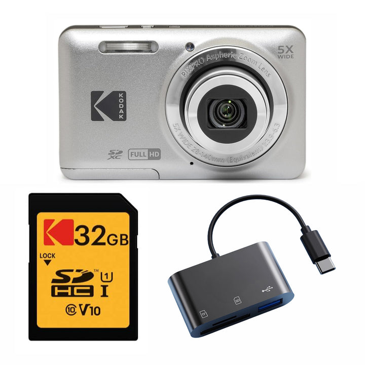 KODAK PIXPRO FZ55 Digital Camera, Silver, 32GB SD Card, Black Card Reader Bundle