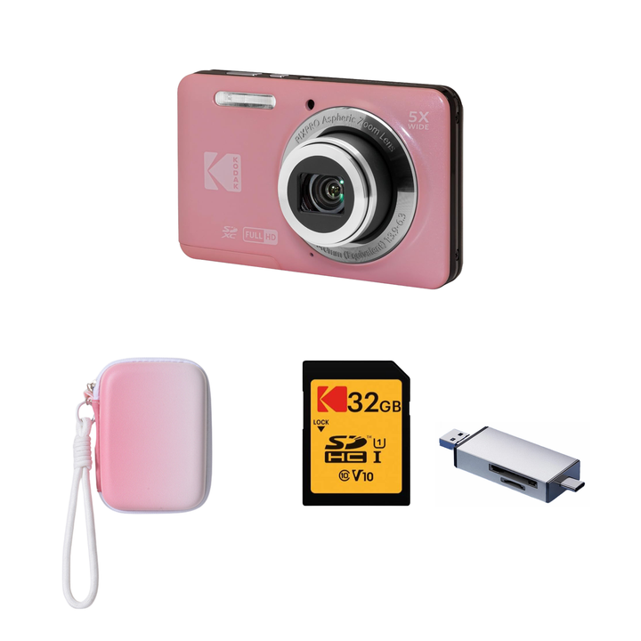 KODAK PIXPRO FZ55 Digital Camera, Pink, Gradient Pink Strap Carry Case, 32GB SD Card, Silver Card Reader Bundle - image 1