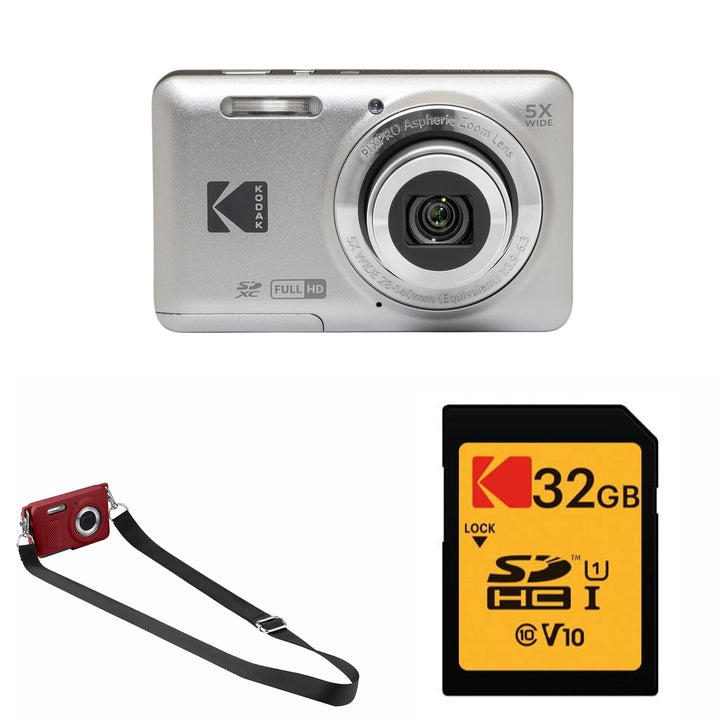 KODAK PIXPRO FZ55 Digital Camera, Silver, 32GB SD Card, Red Strap Silicone Case Bundle