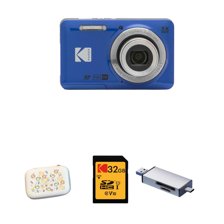 KODAK PIXPRO FZ55 Digital Camera, Blue, Speckled White Carry Case, 32GB SD Card, Silver Card Reader, Close-Up Style Bundle