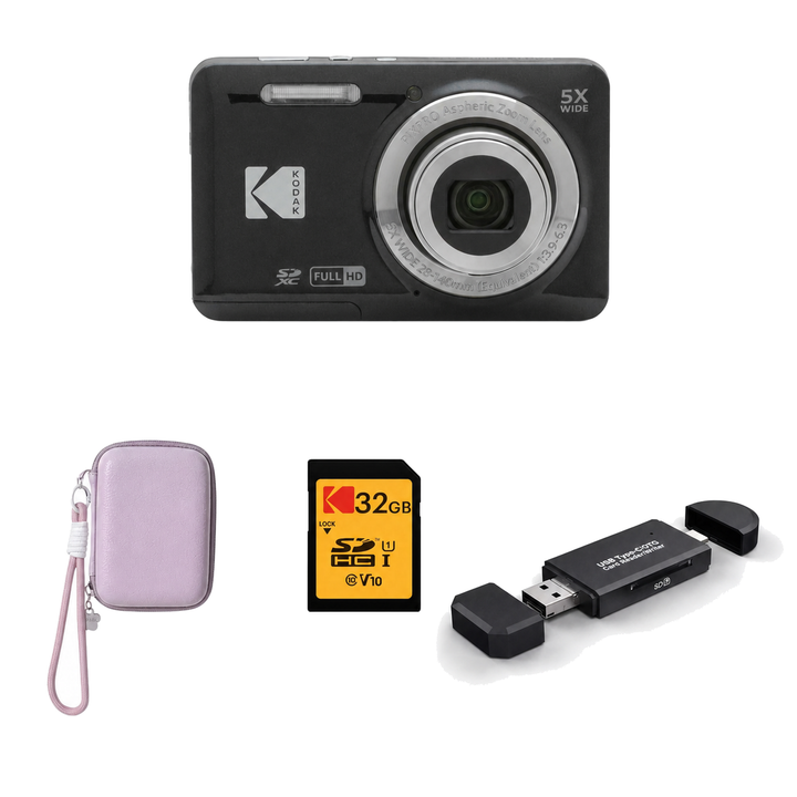 KODAK PIXPRO FZ55 Digital Camera, Black, Lilac Strap Carry Case, 32GB SD Card, 3-in-1 Card Reader Bundle - image 1