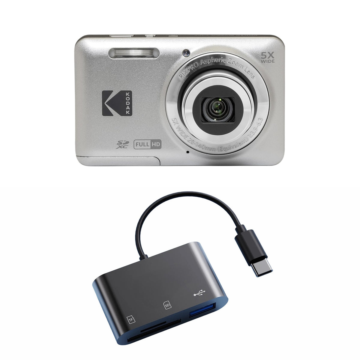 KODAK PIXPRO FZ55 Digital Camera, Silver, Dark Gray Card Reader Bundle — image 1