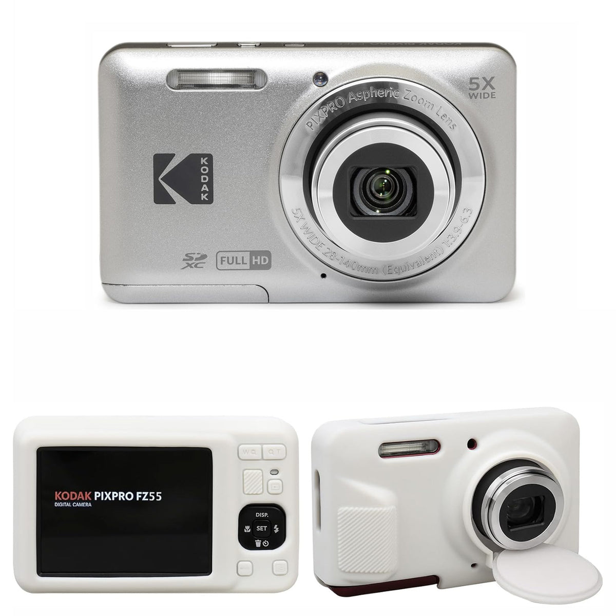 KODAK PIXPRO FZ55 Digital Camera, Silver, White Silicone Case Bundle — image 1