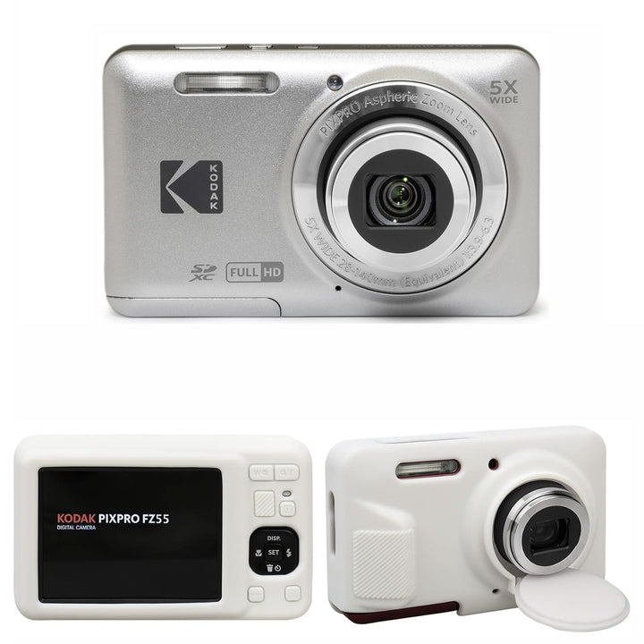 KODAK PIXPRO FZ55 Digital Camera, Silver, White Silicone Case Bundle