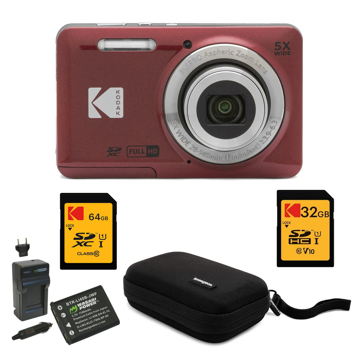 KODAK PIXPRO FZ55 Digital Camera, Red, Black Carry Case, 64GB SD Card, 32GB SD Card, Charging Cradle, Extra Battery Bundle — image 1