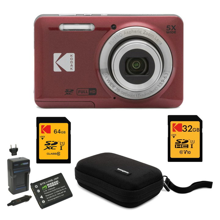 KODAK PIXPRO FZ55 Digital Camera, Red, Black Carry Case, 64GB SD Card, 32GB SD Card, Charging Cradle, Extra Battery Bundle