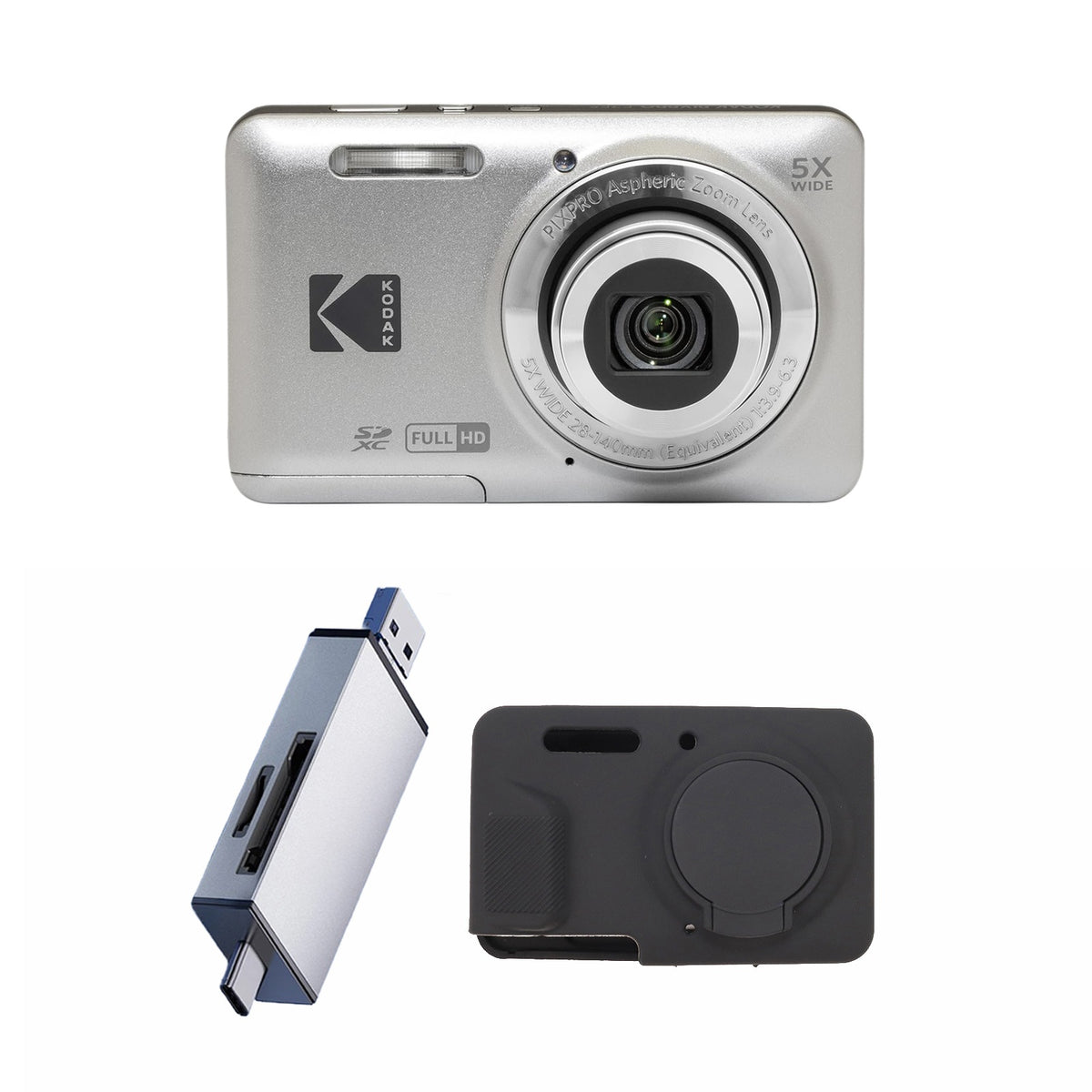 KODAK PIXPRO FZ55 Digital Camera, Silver, Silver Card Reader, Black Silicone Case Bundle — image 1