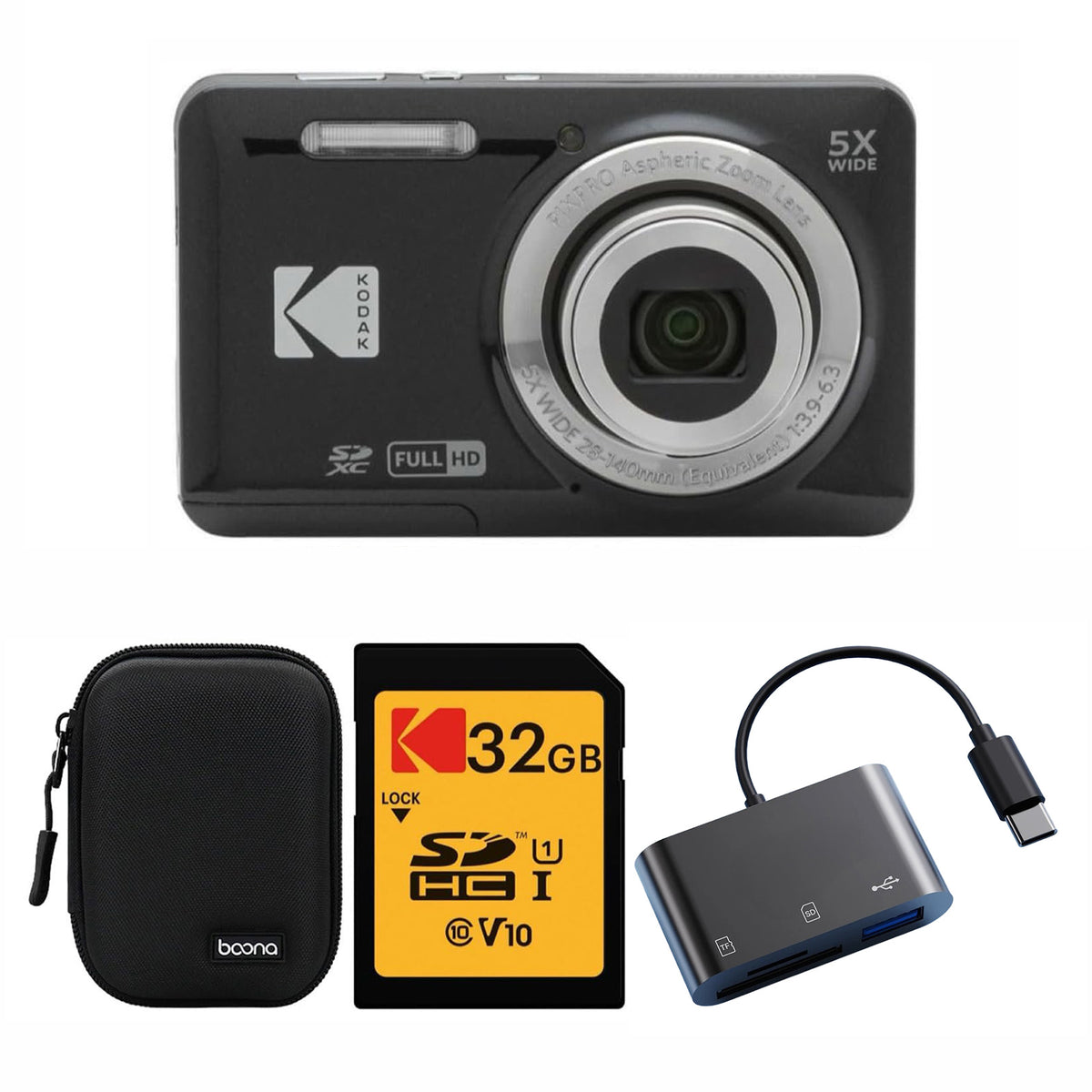 KODAK PIXPRO FZ55 Digital Camera, Black, Black Carry Case, 32GB SD Card, Dark Gray Card Reader Bundle — image 1