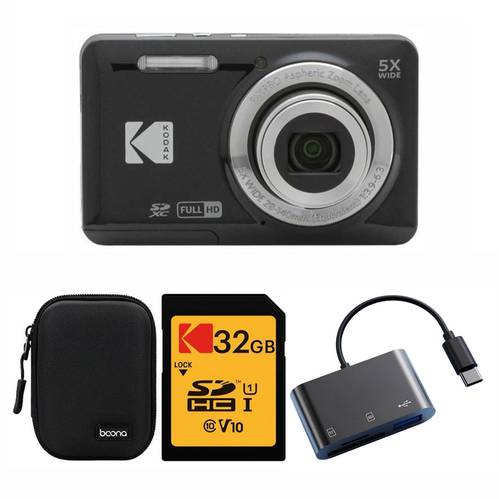 KODAK PIXPRO FZ55 Digital Camera, Black, Black Carry Case, 32GB SD Card, Dark Gray Card Reader Bundle